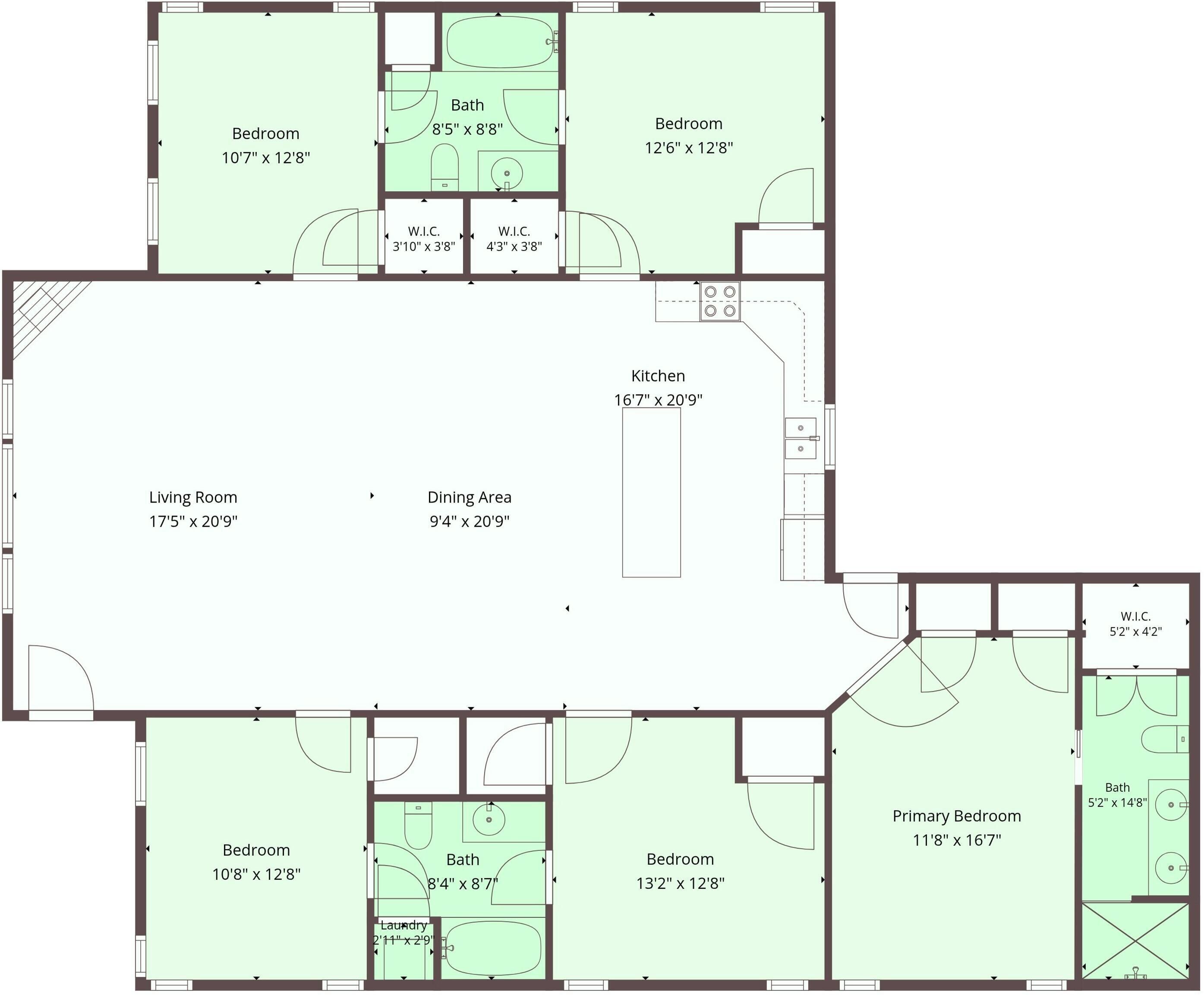 Plano de planta que muestra varios dormitorios, una cocina, un comedor y una sala de estar.