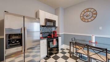 Fridge, microwave, coffee/tea maker, toaster