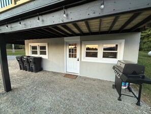 Een overdekt buitengebied met een barbecue, afvalbakken en een deur naar een gebouw.
