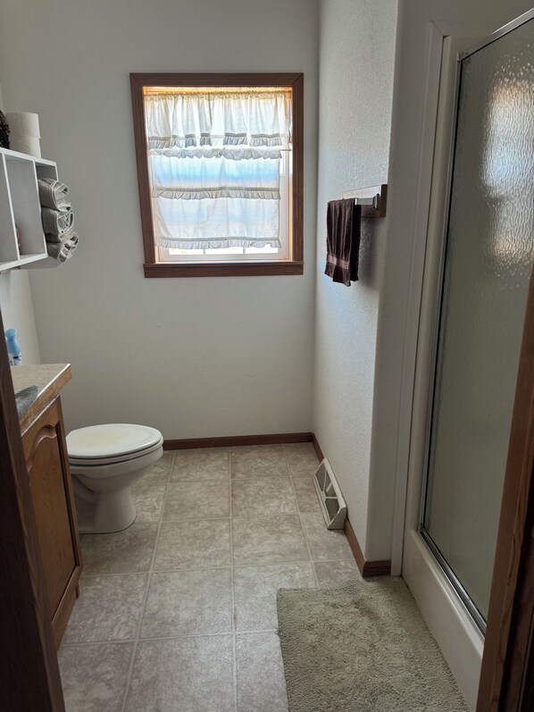 A small bathroom with a toilet, a window with curtains, a towel rack, and a shower door. - The Big Kansas Lodge (Pretty Prairie Kansas)