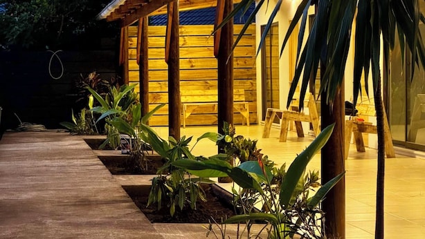 Uma cabana de madeira com varanda coberta, rodeada por plantas em vasos e um caminho de concreto.