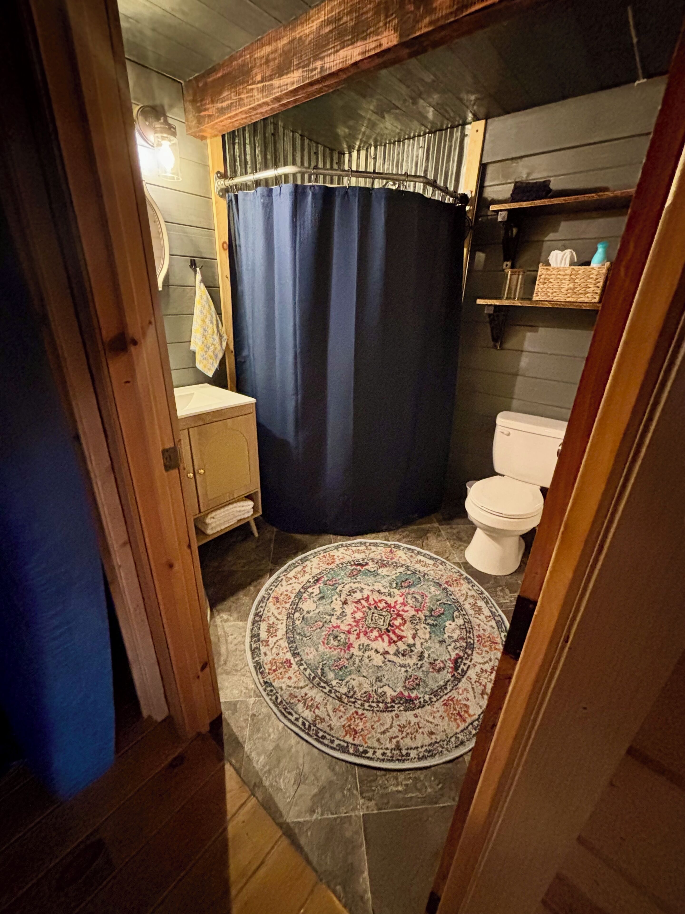 Une salle de bain avec un rideau de douche, des toilettes, un lavabo et un tapis à motifs.