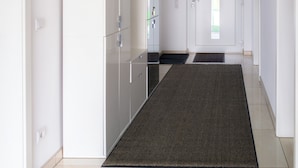 A modern hallway with a black textured rug, white walls, and a door at the end. - Quiet apartment in the green Kreischa near Dresden (Kreischa)