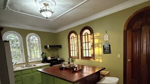 Cozinha com ilha grande, armários verdes e piso de mármore.
