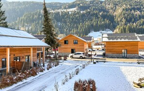 En stuga byggd av trä med en inglasad veranda, en bil parkerad framför och ett snötäckt landskap med berg i bakgrunden.