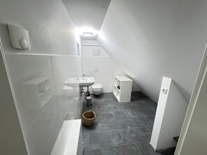 Een haardroger, handdoeken, zeep, toiletpapier