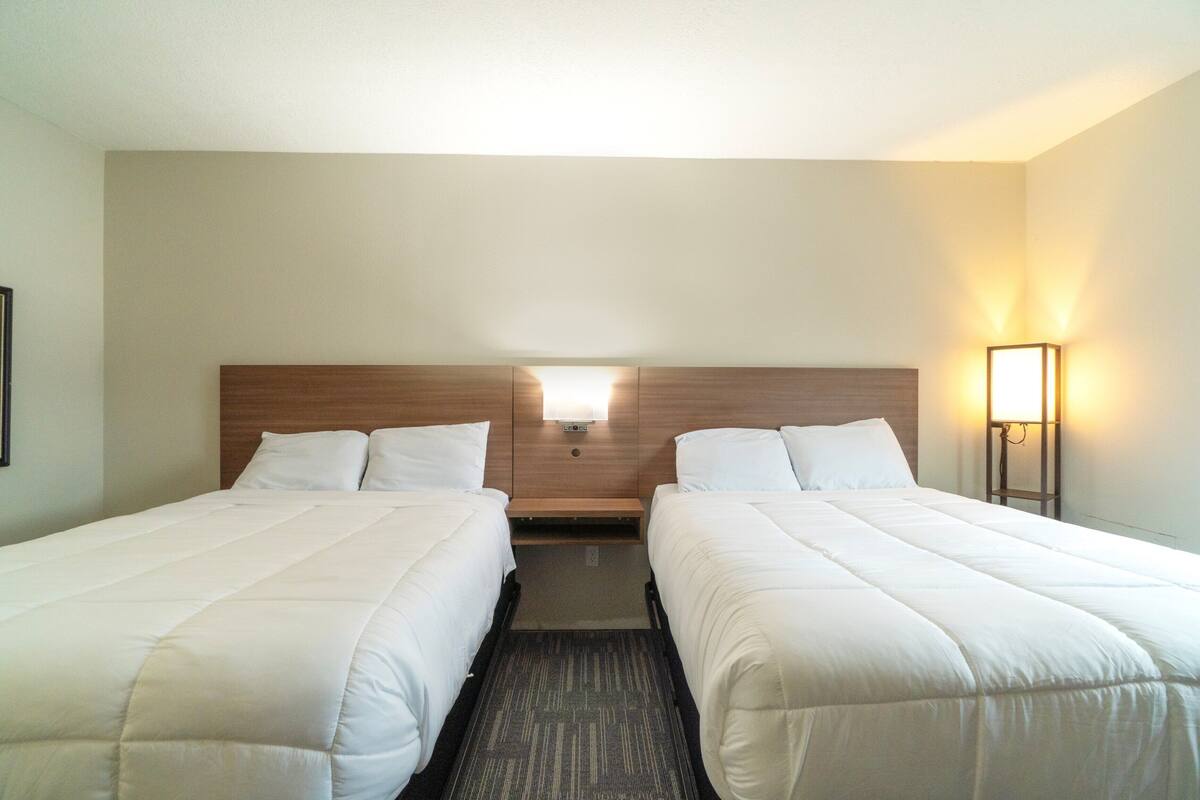 Une chambre d’hôtel avec deux lits simples, une tête de lit en bois, une table de chevet avec une lampe et un sol recouvert de moquette.