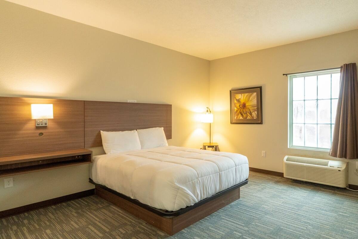 Une chambre d’hôtel comprenant un lit, des lampes de chevet, une œuvre d’art accrochée au mur, une fenêtre avec des rideaux et un appareil de climatisation.