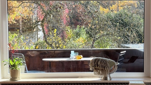 Ein Zimmer mit einem großen Fenster, einem Heizkörper, einem Kuhfellteppich, einem kleinen Tisch mit einer Pflanze und einem Metallstuhl.