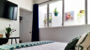 Une chambre avec un lit, une télévision, une fenêtre avec des plantes et une porte.