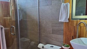 A bathroom with a glass shower enclosure, a toilet, a sink with a basin, and a small potted plant. - 714 Studios (San José)