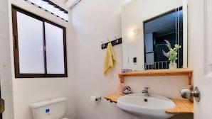 Une petite salle de bain comprenant des toilettes, un lavabo et un miroir au-dessus du lavabo.