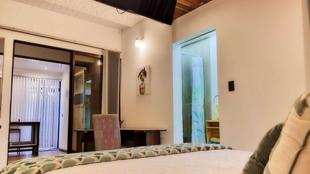 Een slaapkamer met een groot bed, een stoel, een bijzettafeltje, een pot met een plant en een schuifdeur naar een balkon.