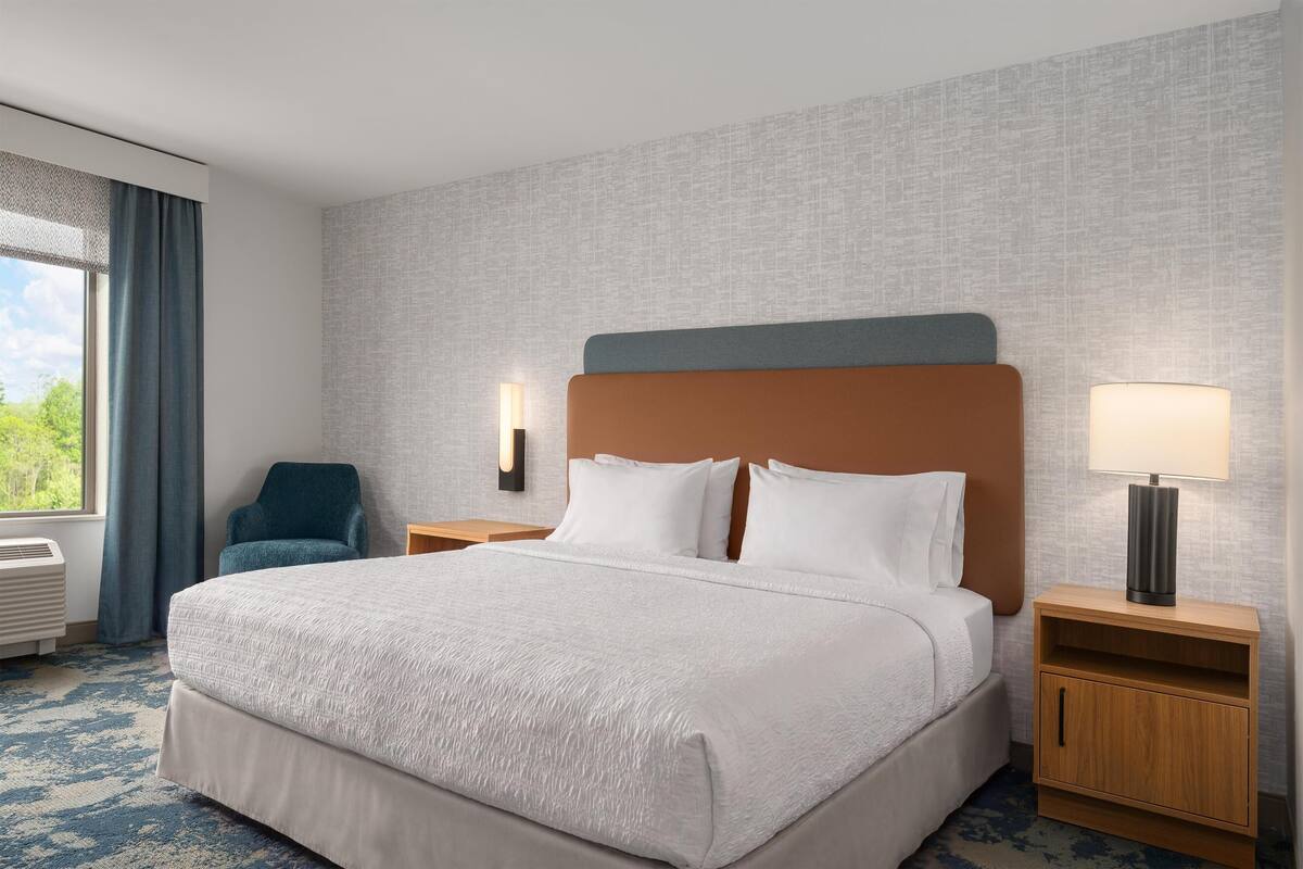 A hotel room with a large bed, a chair, a nightstand with a lamp, and a view of greenery outside.