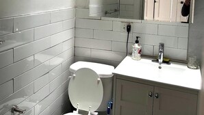 Kylpyhuone, jossa on wc, pesuallas ja peili.