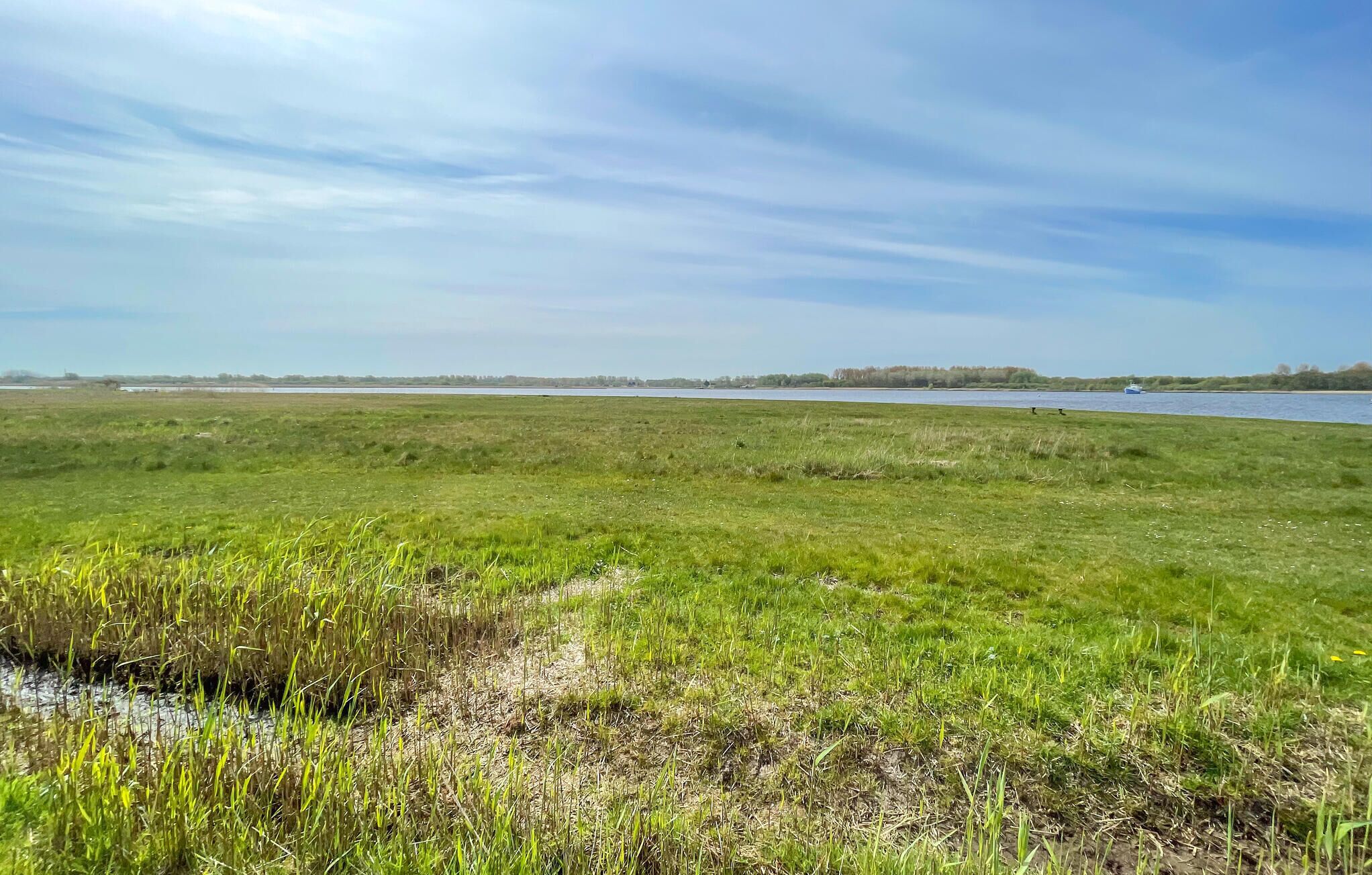 Eine weite, offene Landschaft mit einem Gewässer im Hintergrund.