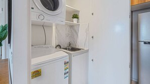 Ein kompakter Waschraum mit integrierter Waschmaschine und Trockner, einem kleinen Waschbecken und einem Regal mit einer Pflanze.