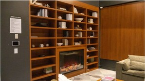 Un espace bibliothèque avec des étagères, une cheminée et un canapé.