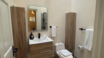 A modern bathroom with a wooden vanity, a toilet, and a shower area.