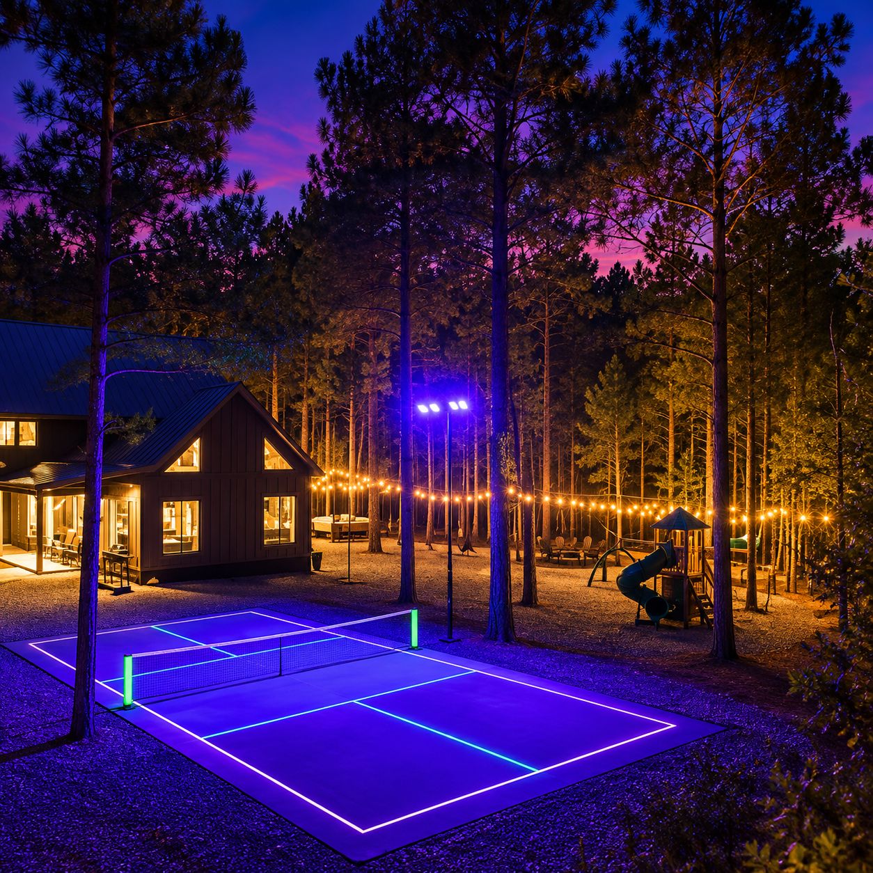 Une cabane en bois avec un court de tennis, entourée d’arbres et illuminée de guirlandes lumineuses.