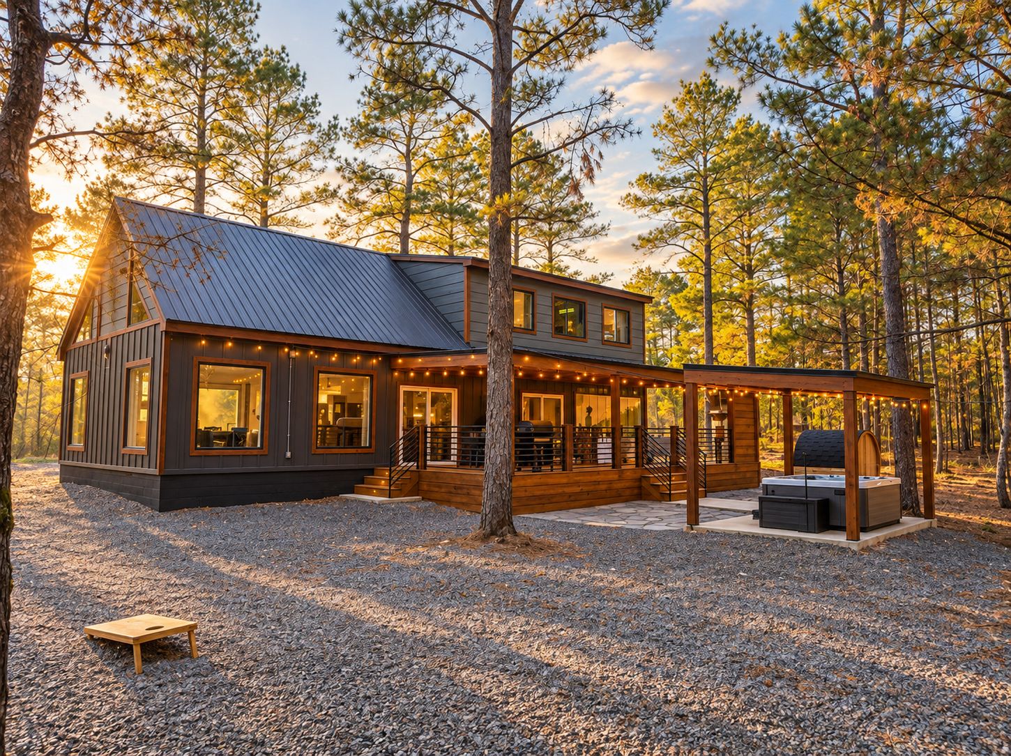 Une cabane avec un toit en métal, de grandes fenêtres et une terrasse décorée de guirlandes lumineuses.