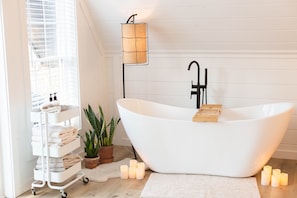 Hair dryer, towels, soap, shampoo