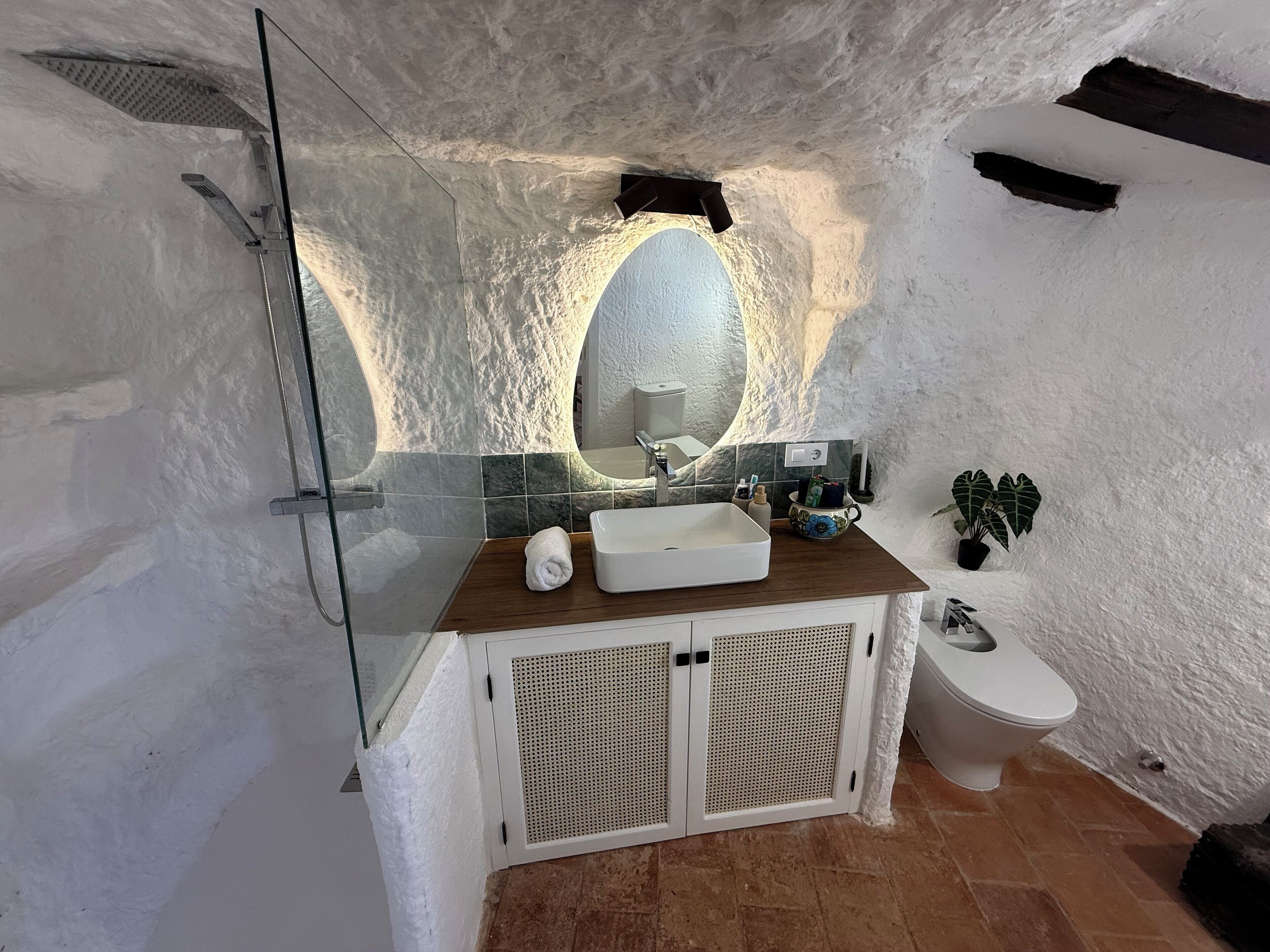 Een douche, een bidet, handdoeken, toiletpapier