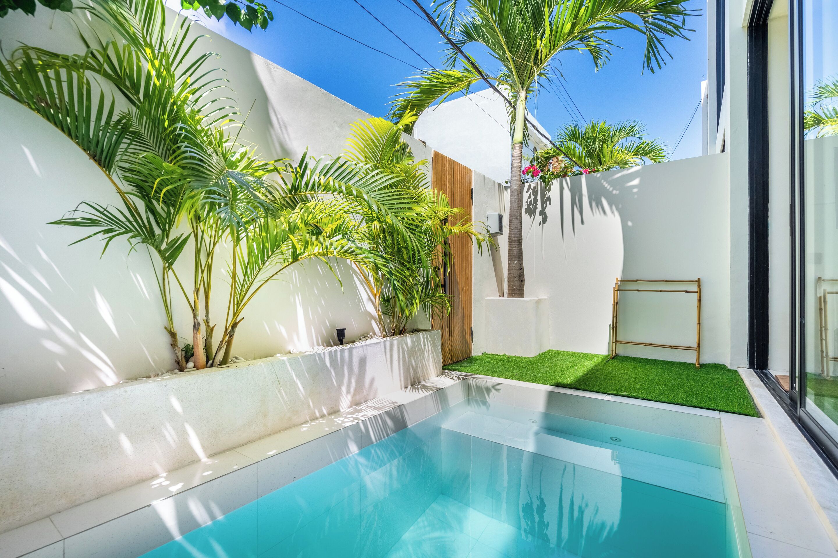 A modern outdoor pool area with a clear blue pool, surrounded by lush greenery and a white wall.
