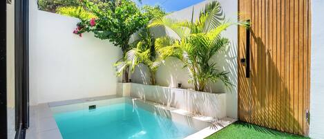 A swimming pool with a wooden fence, surrounded by green artificial grass and various plants.