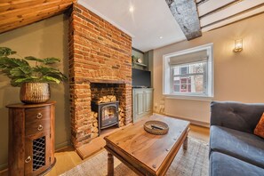 TV, fireplace, books
