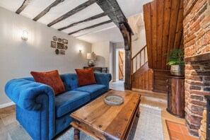 TV, fireplace, books