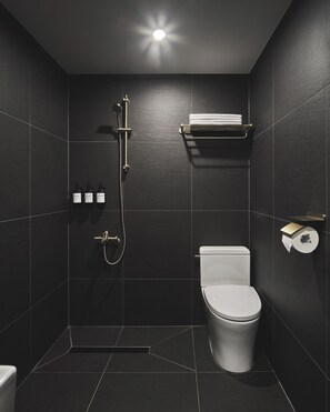 Hair dryer, towels, shampoo, toilet paper