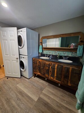 Hair dryer, towels, soap, toilet paper