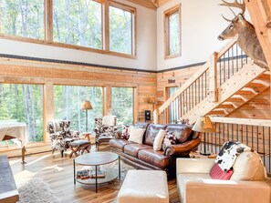 Smart TV, fireplace, books, stereo