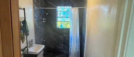 Shower, hair dryer, towels, toilet paper