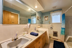 Hair dryer, towels, soap, shampoo