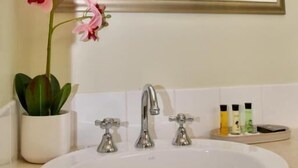 A bathroom with a white sink, two faucets, a mirror, and a potted orchid. - Green Gables Motel (Warburton)