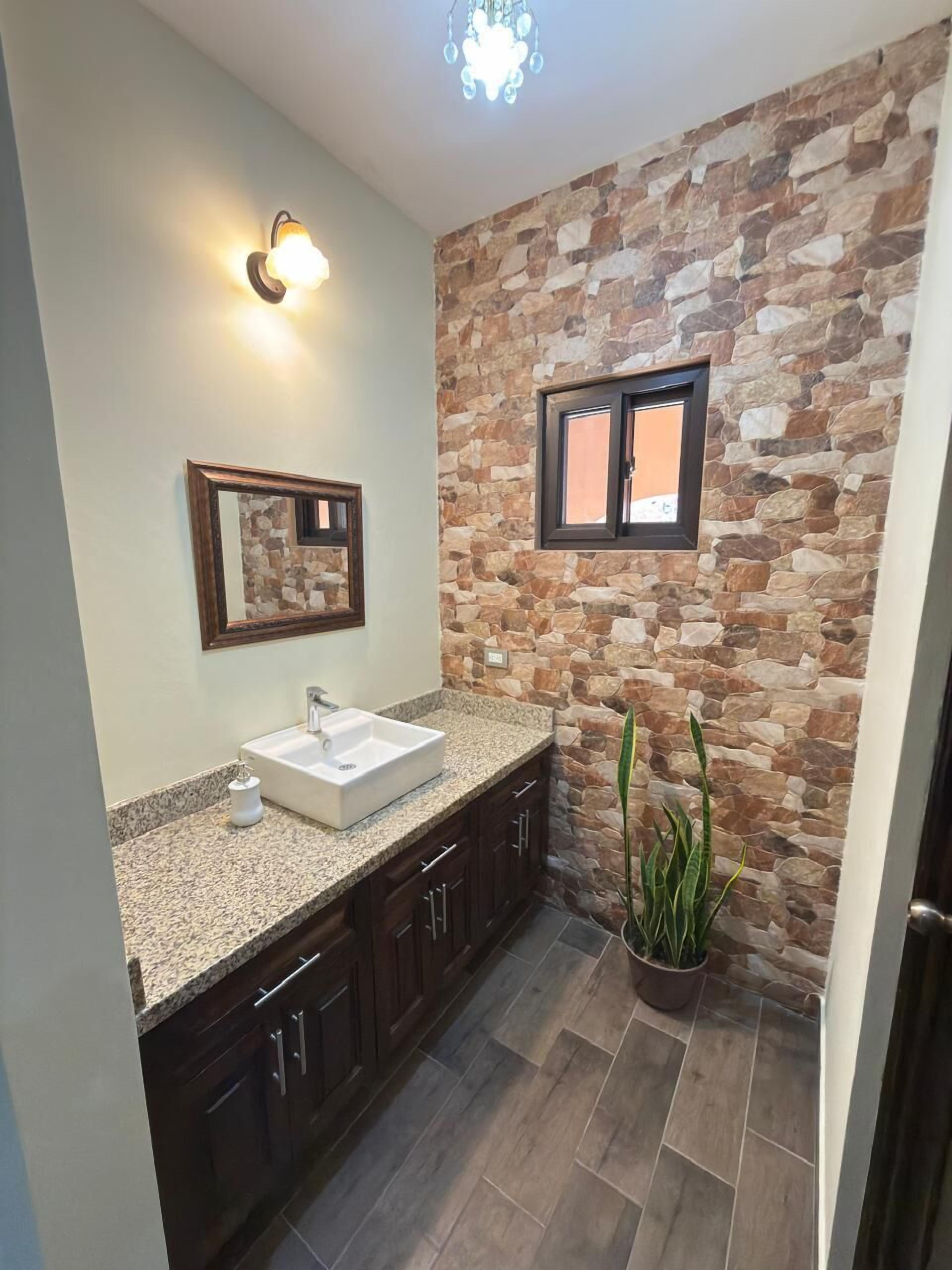 A bathroom with a stone wall, a sink, cabinets, and a potted plant.