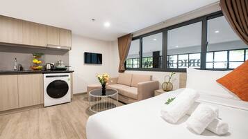 Desk, laptop workspace, blackout curtains, soundproofing