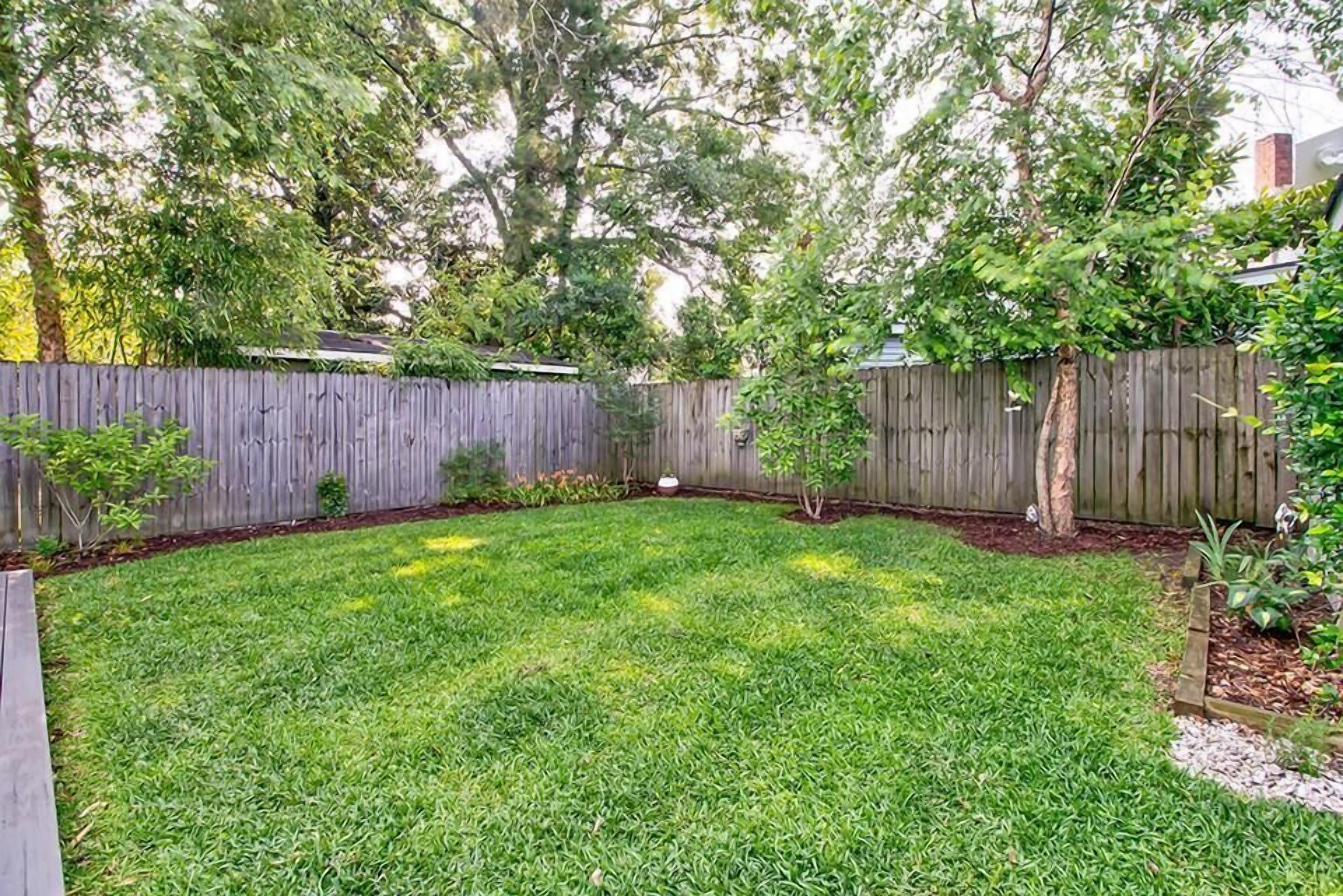 A backyard with a wooden fence, a small tree, and a grassy area.