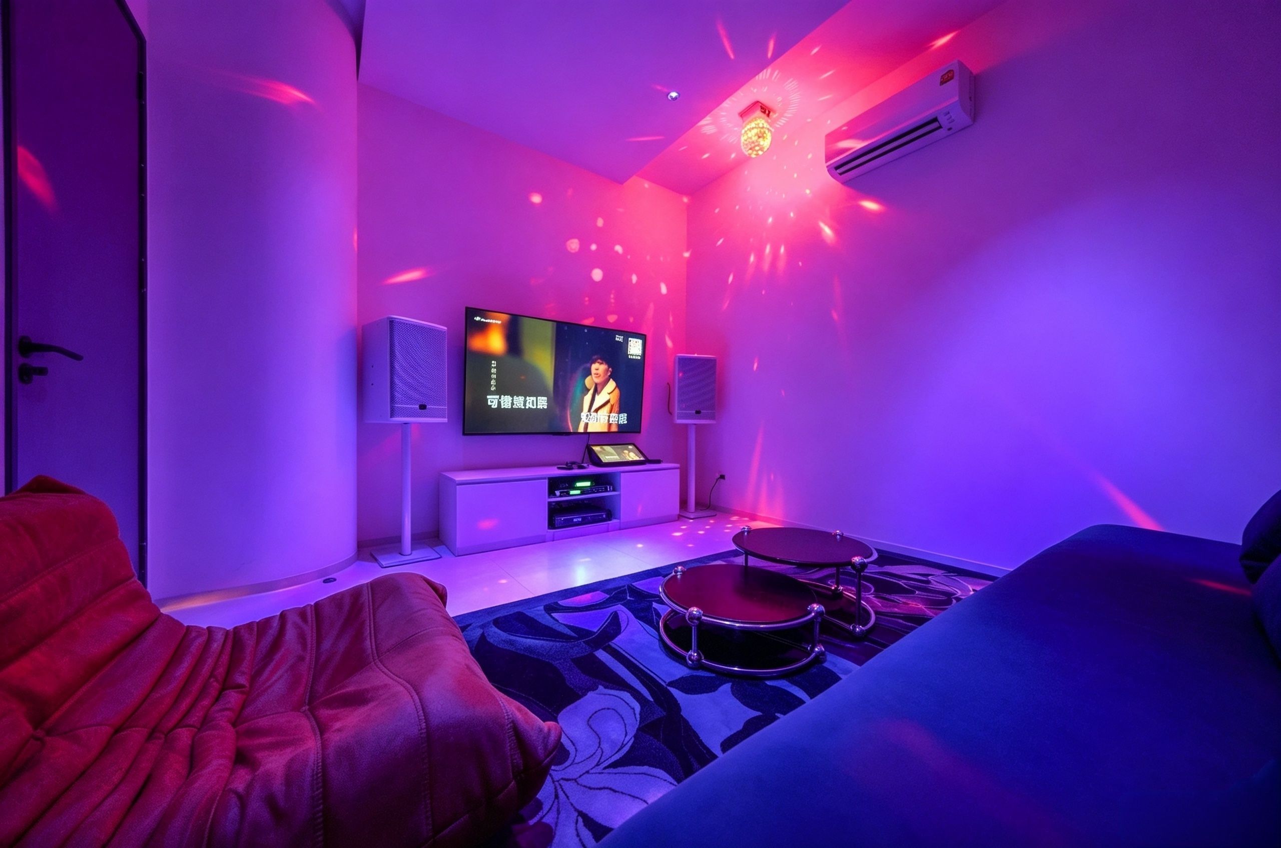 A modern living room with a flat-screen TV, speakers, and a drum set.