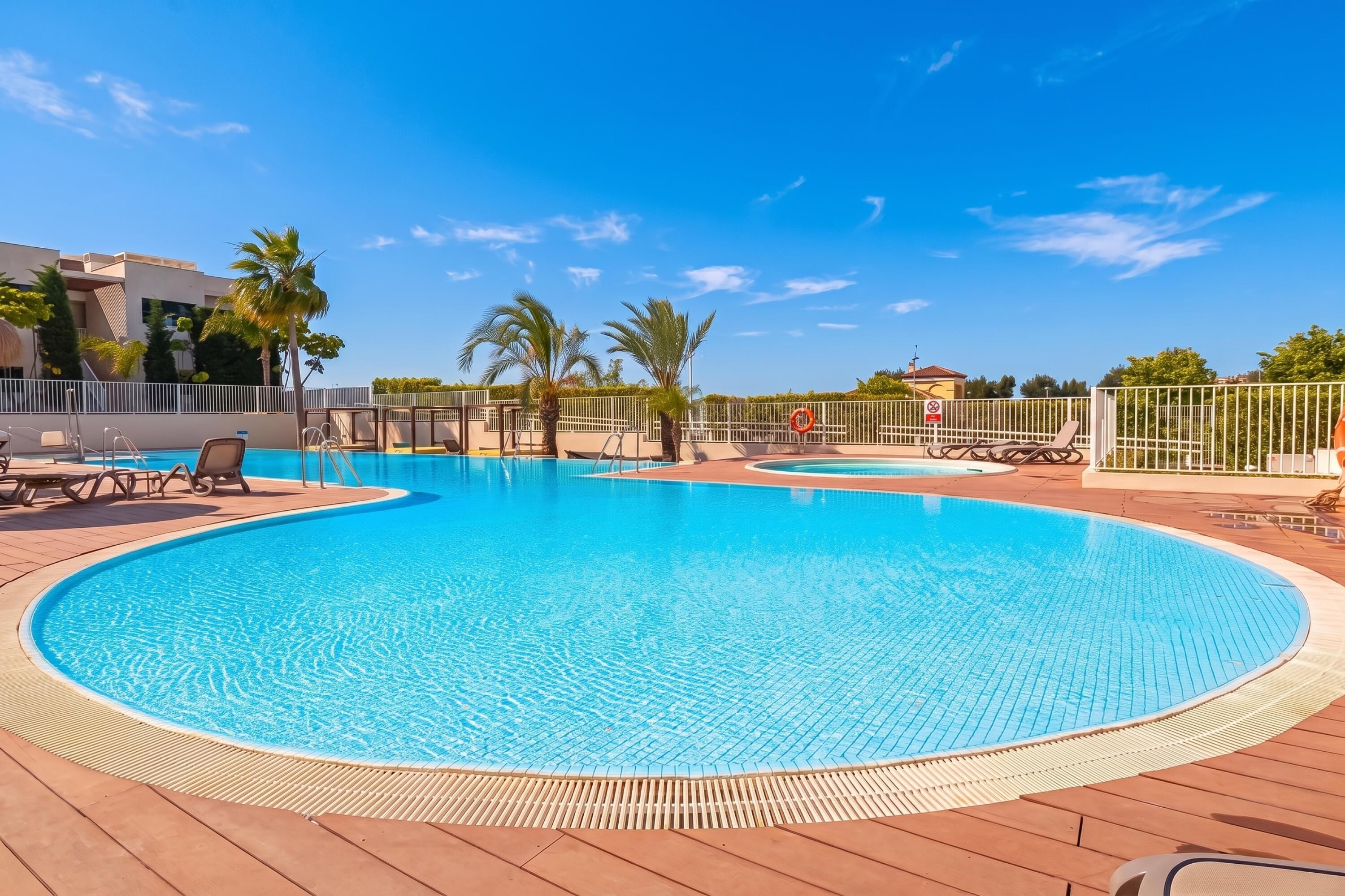 A swimming pool with a wooden deck, lounge chairs, and palm trees.