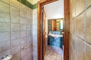 Un bagno con doccia, lavandino e porta in legno.