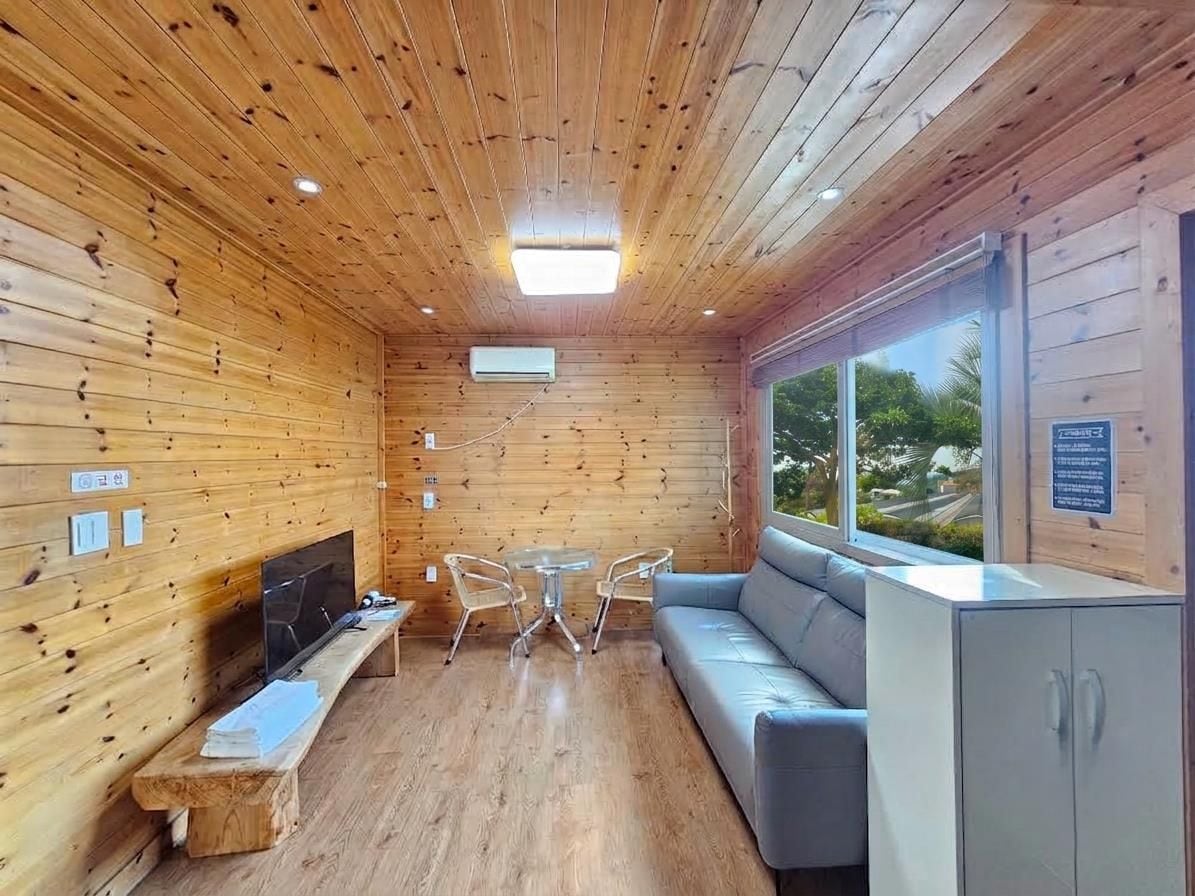 Una habitación con paneles de madera, un sofá, una mesita, un televisor y un armario.
