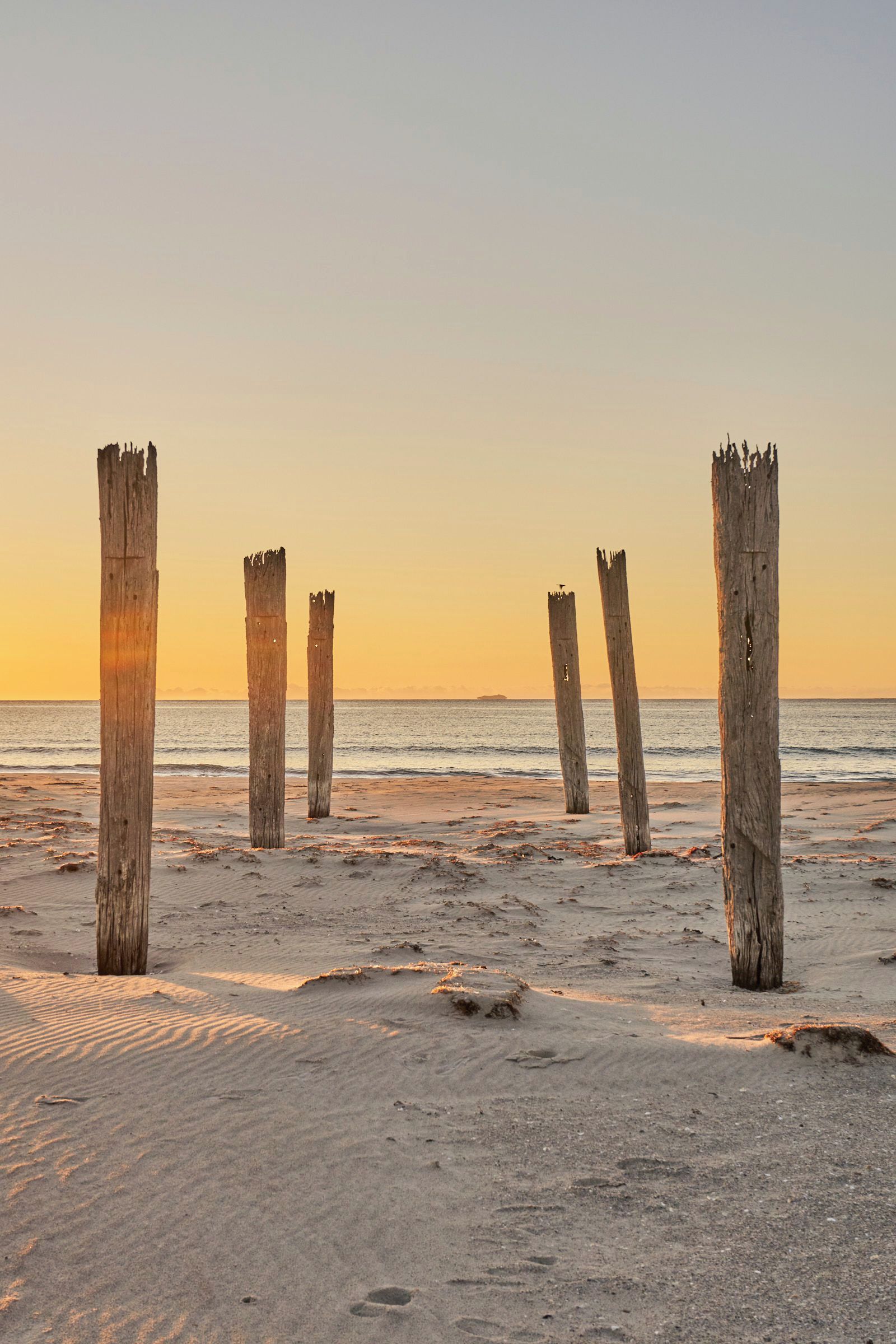 Une plage avec des poteaux en bois et des empreintes de pas dans le sable.