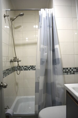 Chuveiro, secador de cabelo, toalhas de banho, sabonete