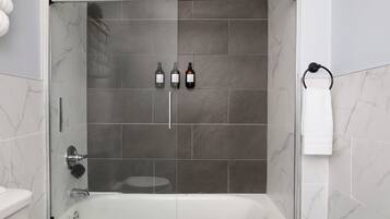 Hair dryer, towels, soap, toilet paper