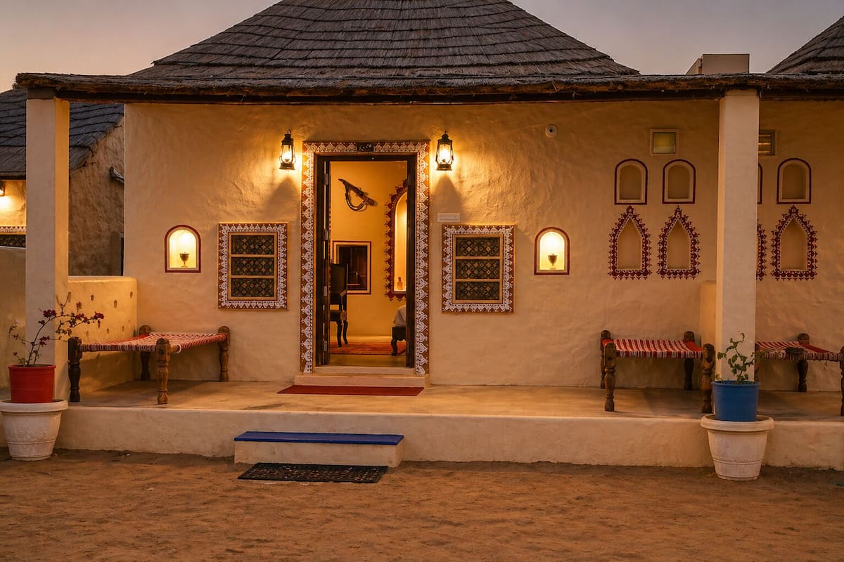 A traditional building with a thatched roof, a central doorway, and multiple small windows with decorative frames.