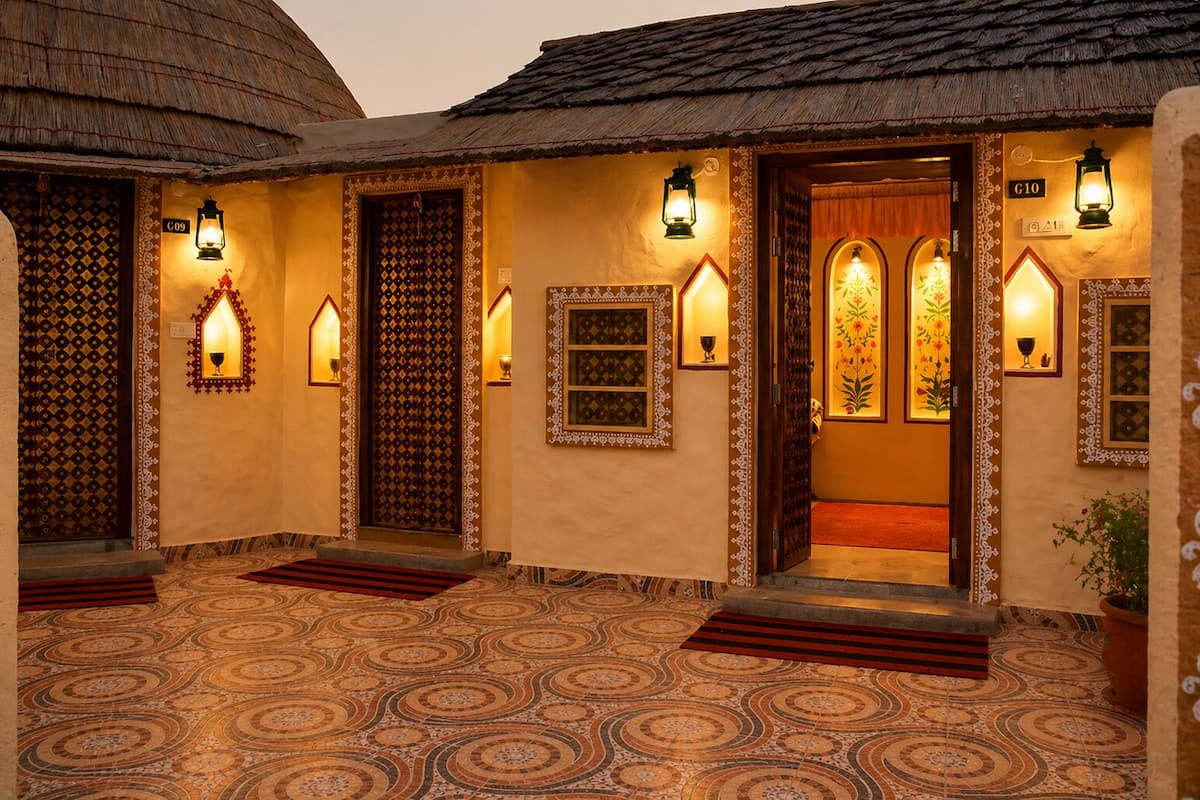 A traditional building with ornate doors, patterned flooring, and wall-mounted lanterns.