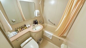 A compact bathroom with a sink, mirror, toiletries, and a shower. - Livemax Resort HidaTakayama GaryunoSato (Takayama)